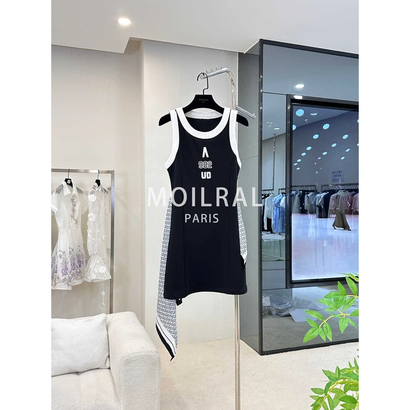 吊带无袖字母印花A字裙性感韩版连衣裙休闲针织黑白MO2372004-004