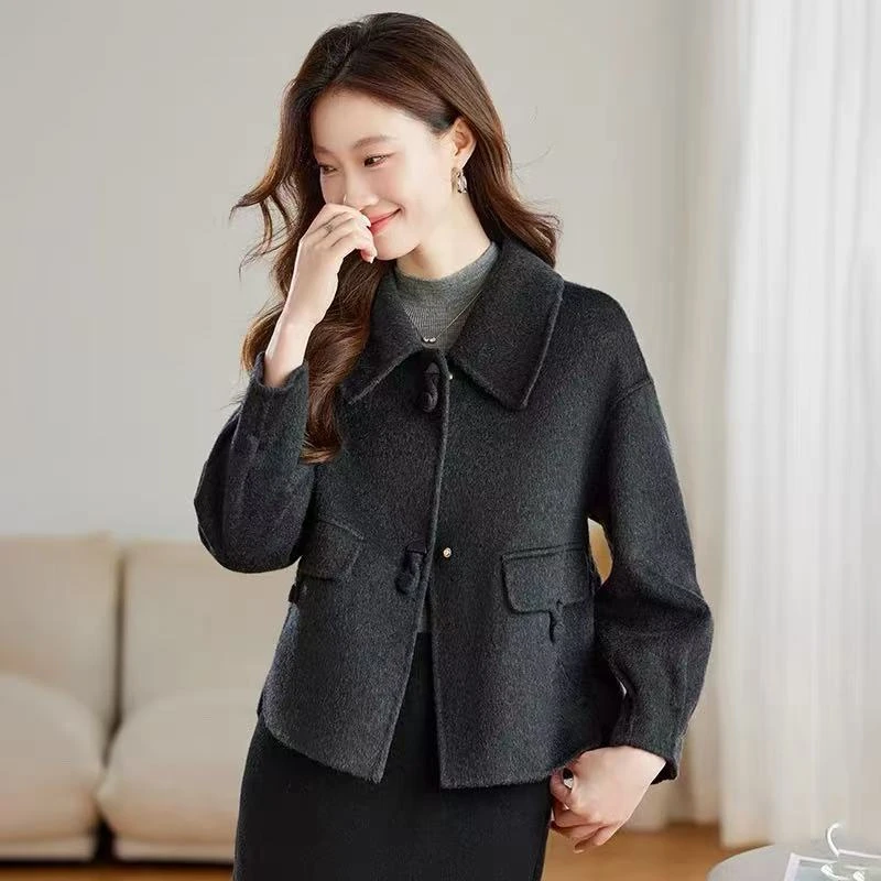 J035时尚翻领双面品质呢外套女秋冬新款高端减龄气质短款品质大衣