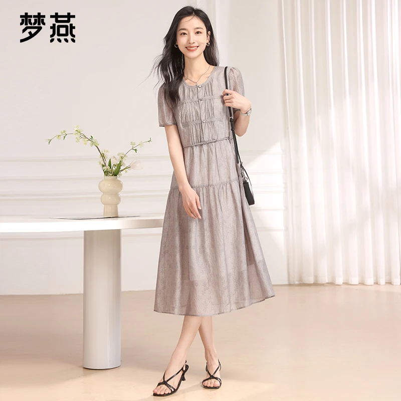 梦燕夏季女优雅宽松收腰圆领连衣裙休闲复古中长款长裙BB02B4051