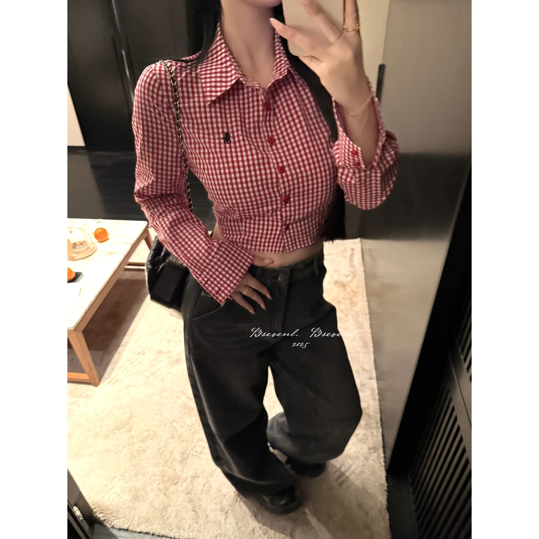 黑泽玄七“UK截短智学衫”早秋微胖100%棉的长期主义经典维希格纹女