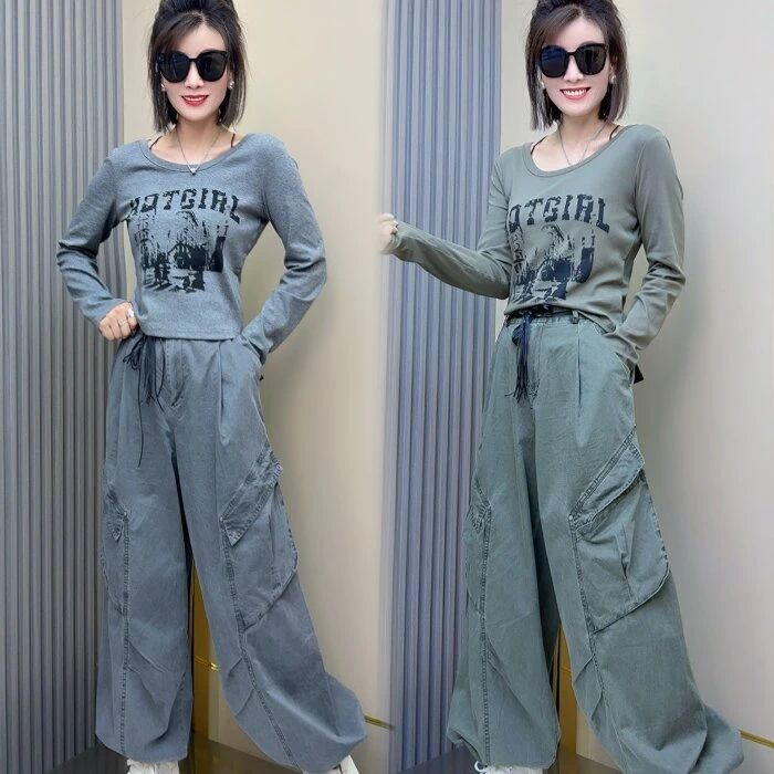 印花上衣T恤工装长裤两件套