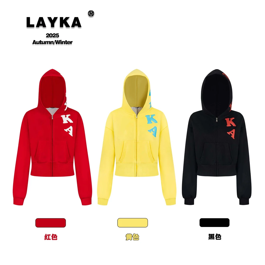 Layka美式复古红色薄款连帽发泡印花拉链卫衣女2025新款短款外套