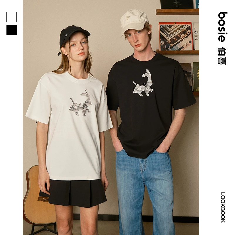 bosie2025年夏季新款金属气球兔子印花设计百搭短袖t恤男情侣童趣