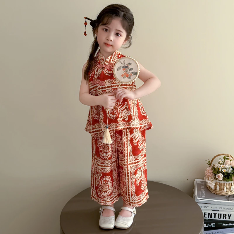 女童新中式无袖套装夏季新款儿童复古中国风夏装女宝宝盘扣两件套
