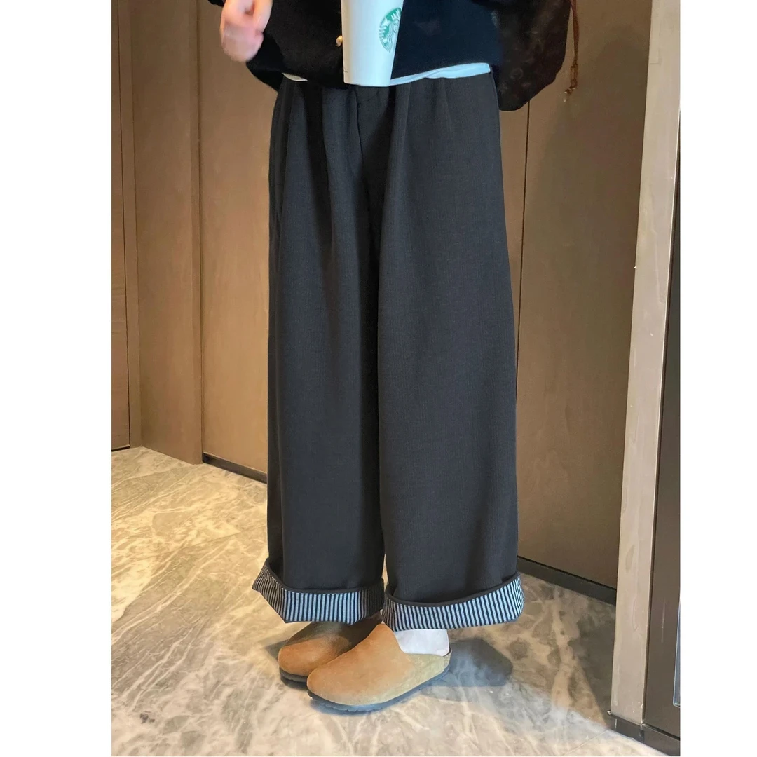日系复古灰色显瘦休闲裤女秋季新款百搭宽松直筒内衬条纹长裤子