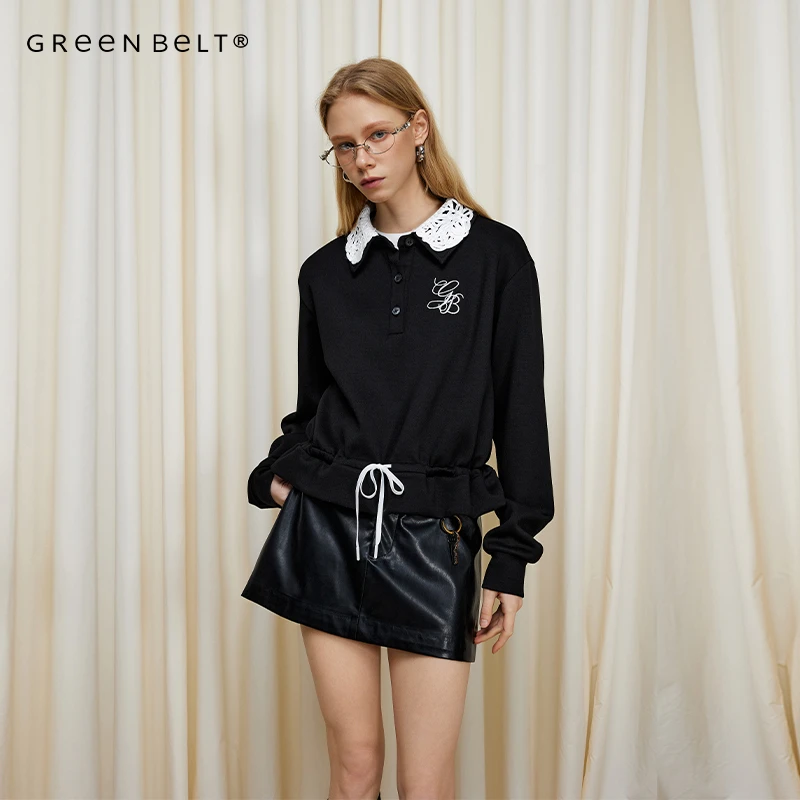 GREEN BELT花边拼接翻领卫衣女2024冬季新款百搭字母刺绣抽绳上衣