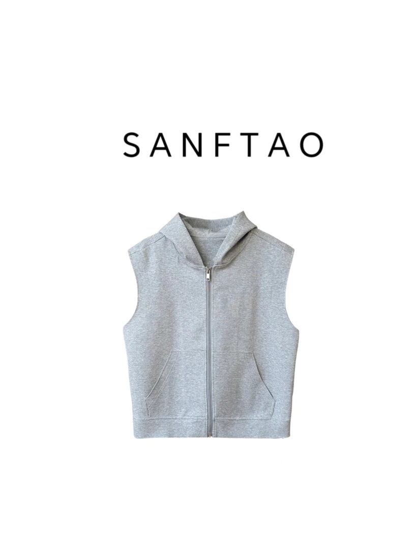 【里昂的灰】灰色连帽拉链开衫卫衣宽松休闲时尚无袖马甲192525