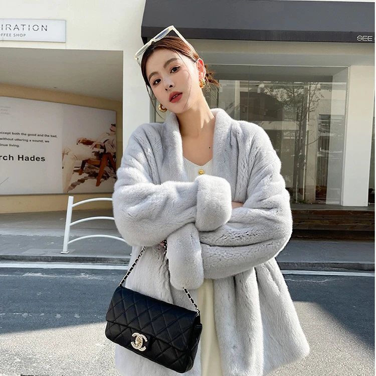 2367进口貂皮大衣女V领挽袖中长款皮草皮草女新款