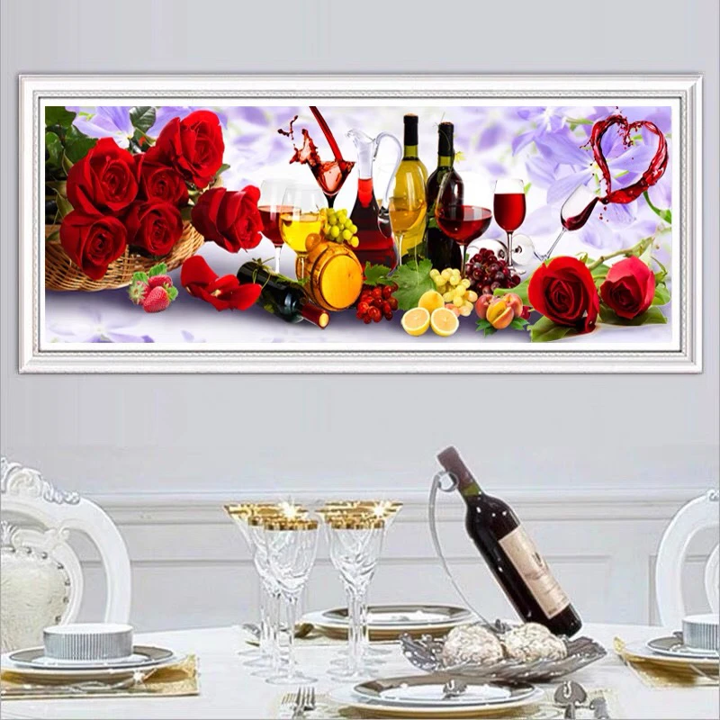纯手工十字绣成品客厅餐厅玫瑰酒杯油画餐厅红酒玫瑰花155×66厘米