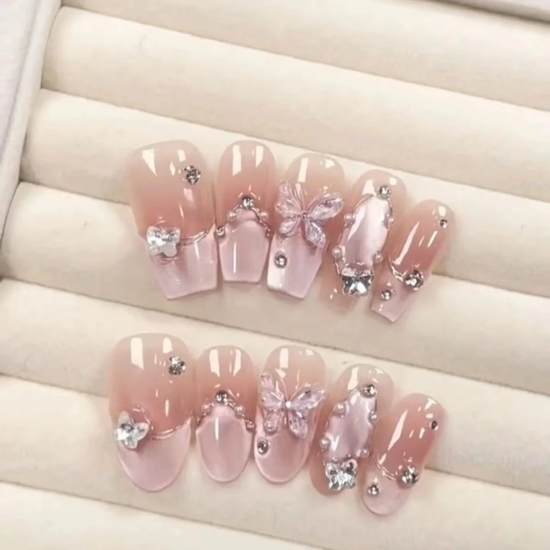 【月光银蝶】2025新款纯手工显白长款短款椭圆穿戴甲可拆卸甲片