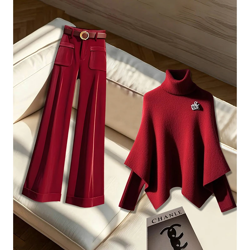 秋冬时尚套装高级感轻奢安可拉红针织衫女多巴胺红色休闲裤两件套