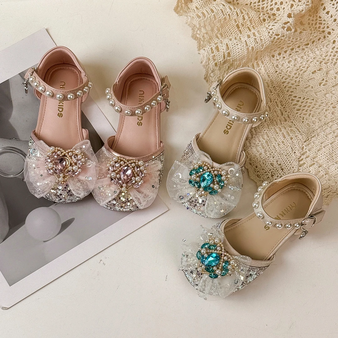 女童公主鞋2025年春季新款童鞋韩版水钻蝴蝶结皇冠儿童半凉鞋