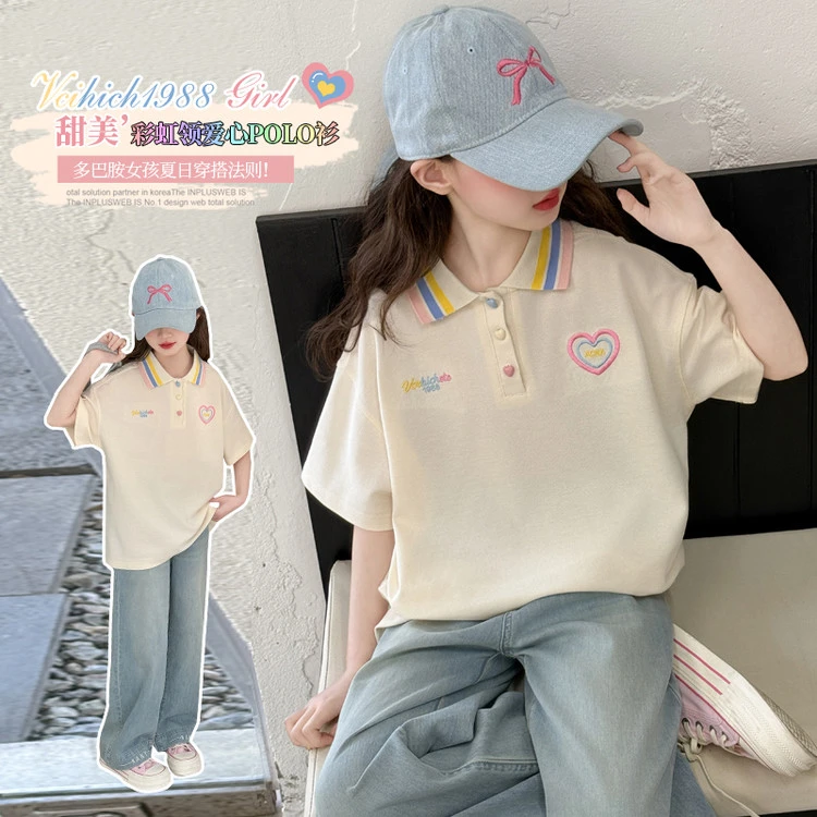夏季女童韩版polo衫套装中大童洋气休闲女孩夏日翻领牛仔裤两件套