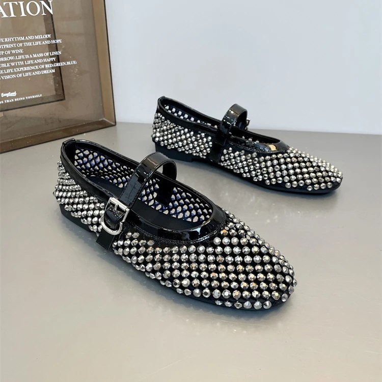 轻奢鞋子女款爆款2025新款满钻镂空玛丽珍鞋时尚百搭闪钻平底网鞋