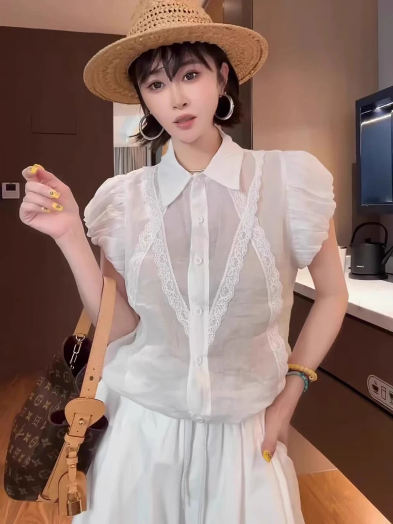 ［葡萄］大码高级感拼接蕾丝花边气质花苞袖时尚减龄衬衫