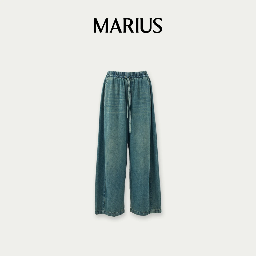 MARIUS“萝卜牛仔裤”阔腿直筒薄款做旧抽绳牛仔裤
