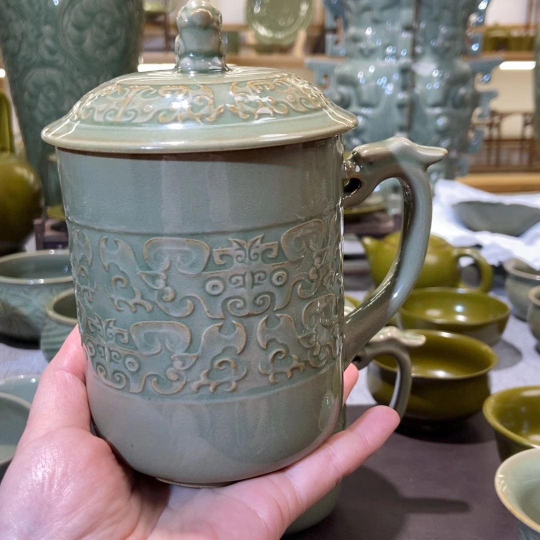 瓷片微微瑕办公杯把手两个矿点