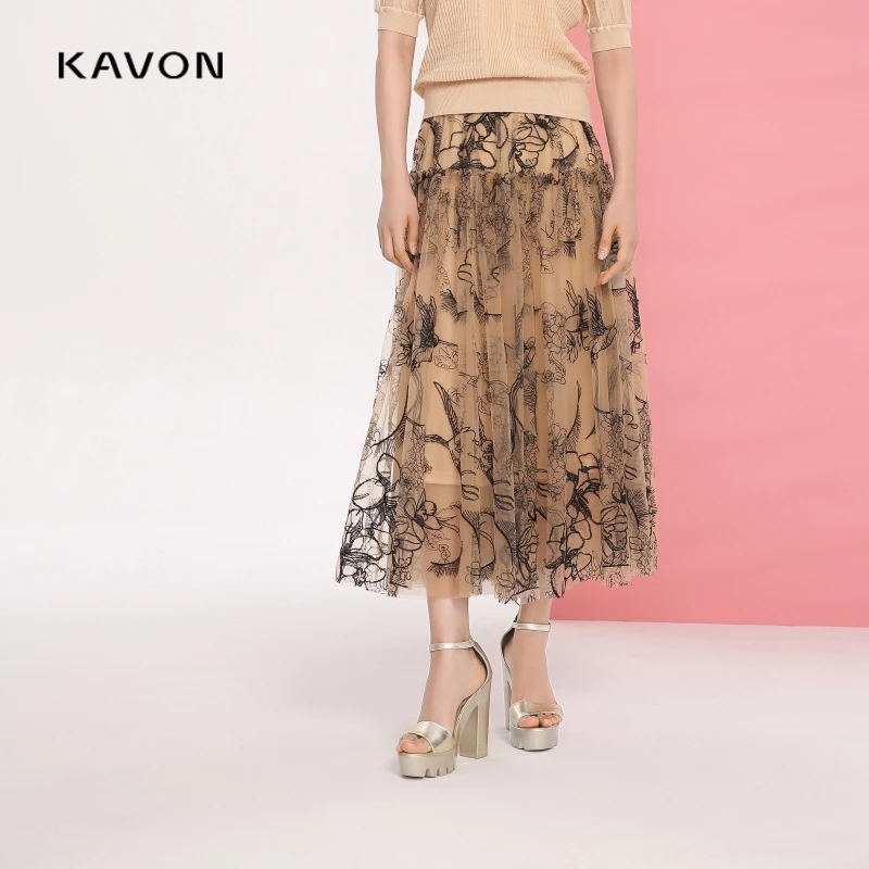 【晨粉专享价】复古优雅气质时髦感蕙兰绣花缩褶半身裙KL2A742AA