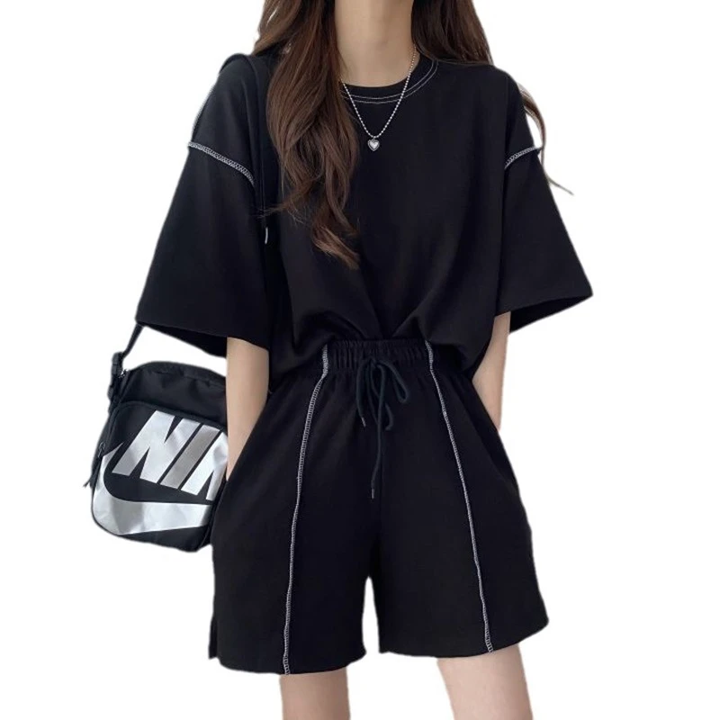 两件套套装学生短袖短裤时尚休闲宽松女装夏季含棉情侣韩版运动服