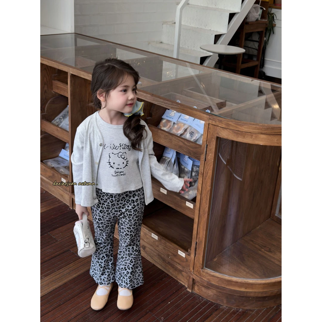 豹纹kt猫开衫套装韩系秋款卡通女童背心开衫两件套+豹纹裤
