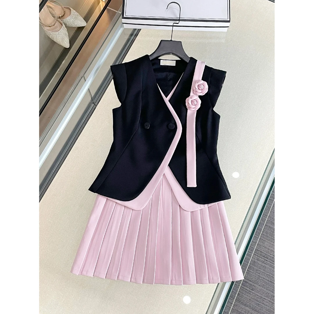 【南油一哥】【甜心可可】夏日绝美高级感减龄小香风马甲百褶裙套装