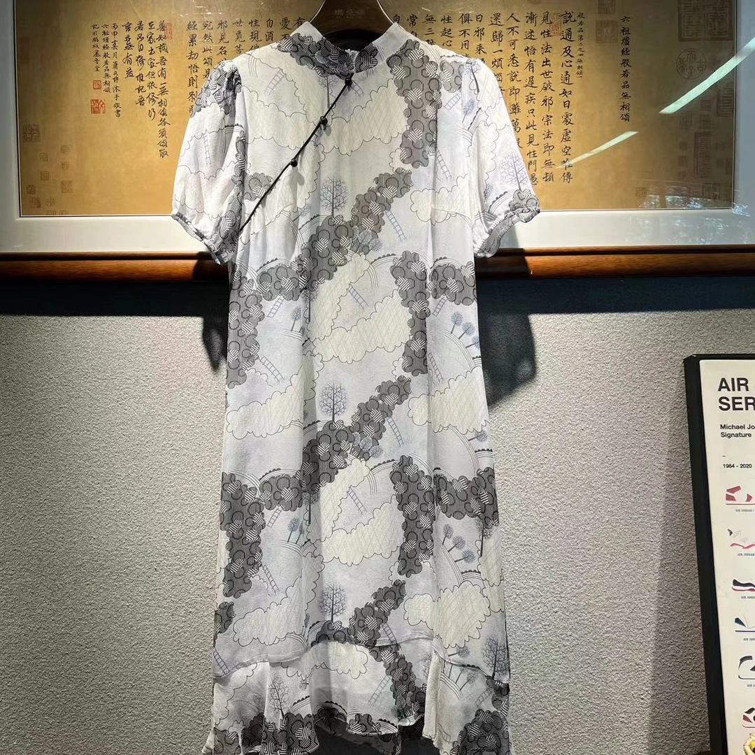 中国风短款复古气质时尚印花显瘦短袖优雅桑蚕丝连衣裙D9008246