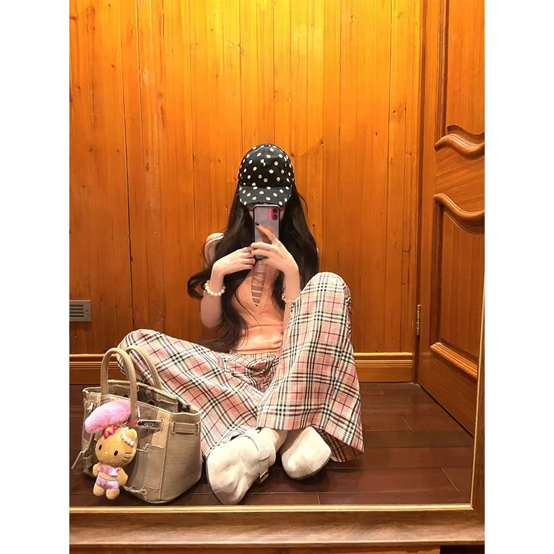 韩系镂空气质性感V领针织背心上衣夏季新款百搭显瘦格子休闲长裤