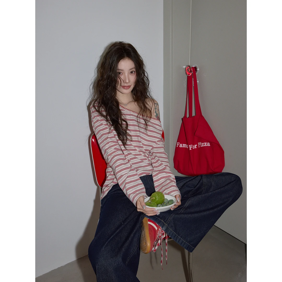 吵吵家甜辣红色条纹斜肩T恤女K5080527