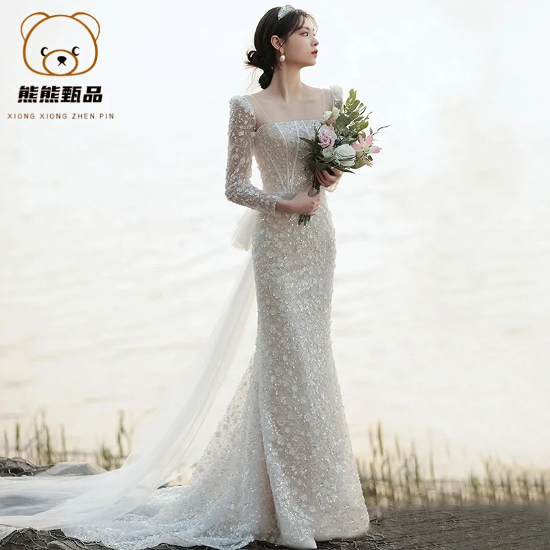 超仙森系轻婚纱2025新款新娘白色迎宾出门纱气质鱼尾高端轻奢礼kl