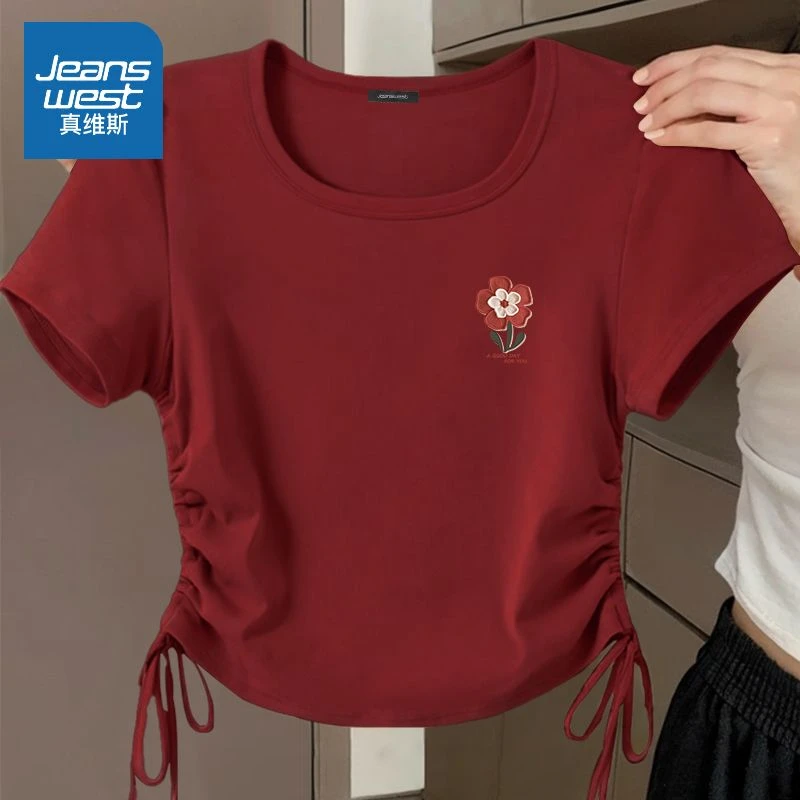 真维斯收腰抽绳t恤女夏季新款设计感短袖小个子上衣服洋气衣服女