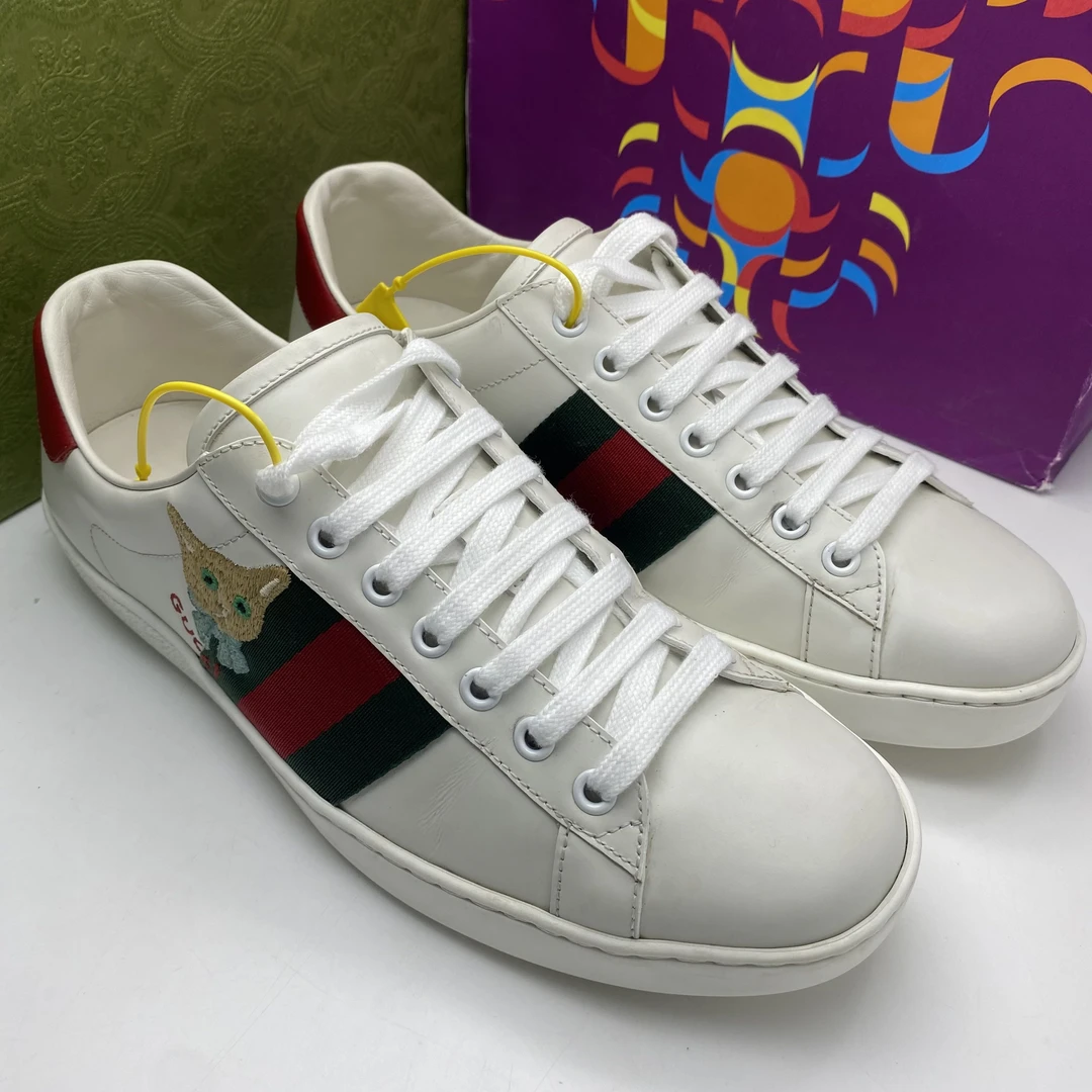 95新 GUCCI/古驰 40欧码/二手男士经典刺绣猫咪时尚低帮休闲板鞋