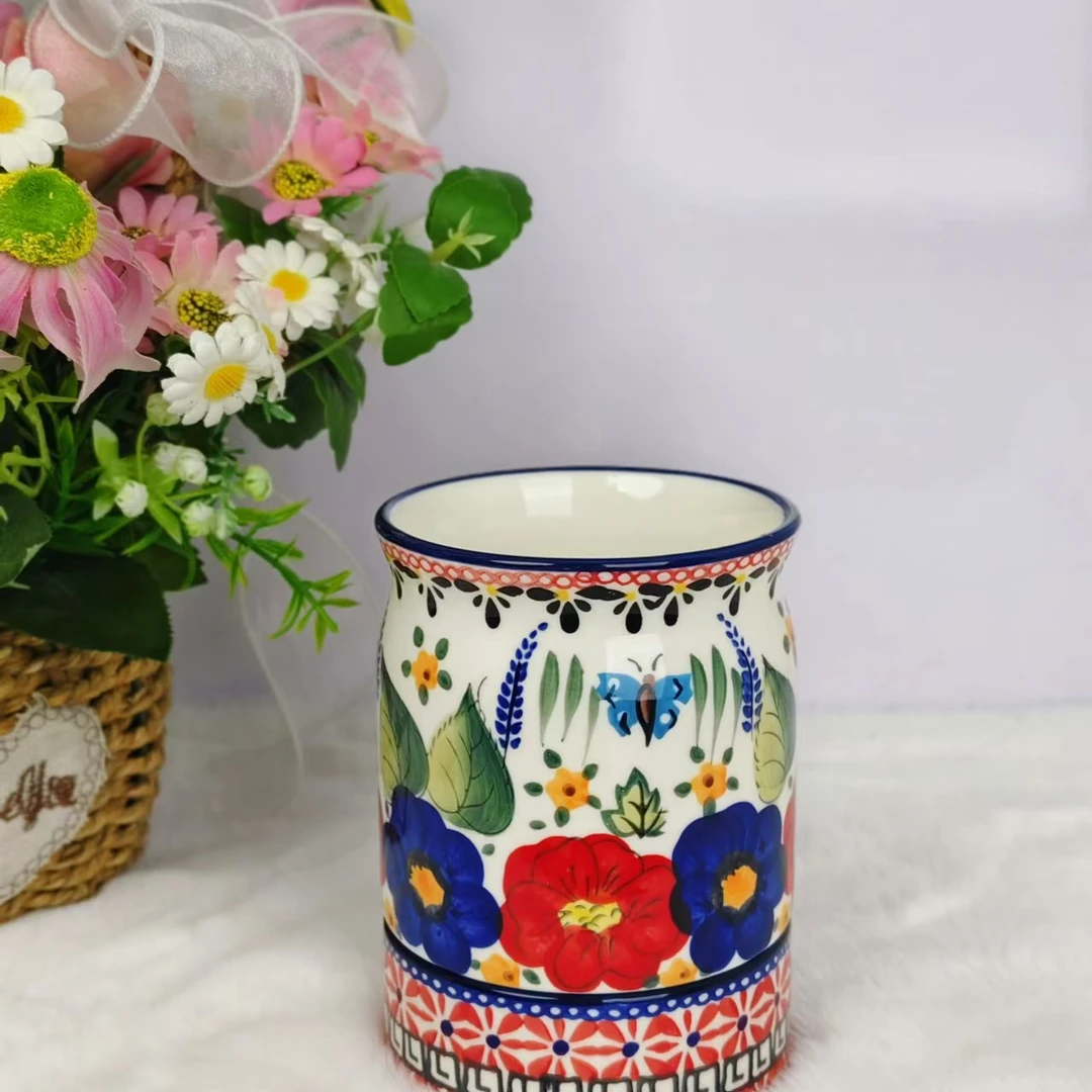 新瓷【西里西亚】新疆包邮手绘轻奢家用陶瓷筷子筒带底托大容量复古