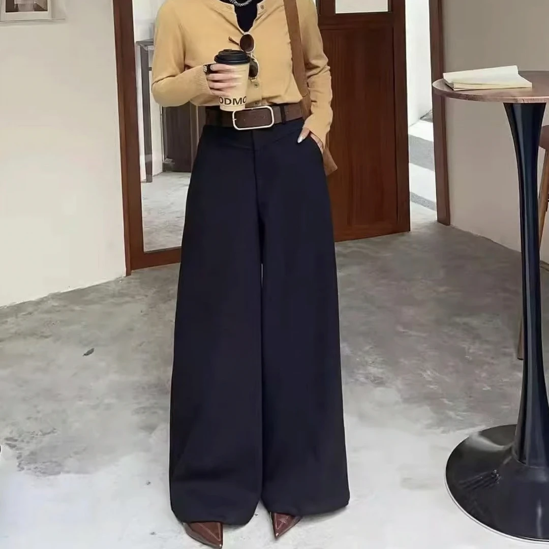 【加绒加厚带腰带】新款高级感呢料高腰显瘦阔腿拖地长裤女带腰带51