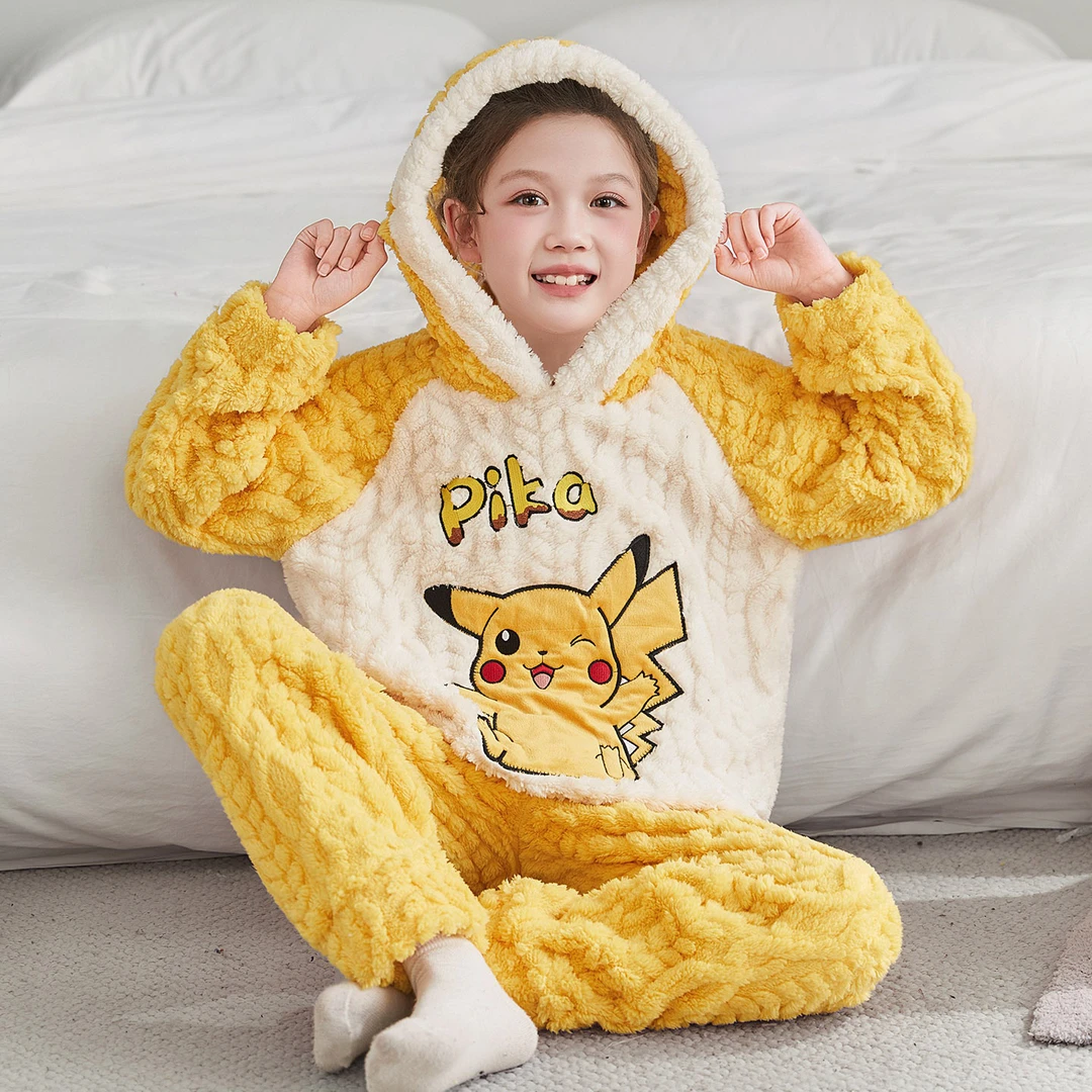 女童珊瑚绒睡衣冬季连帽法兰绒加厚加绒卡通女孩初中生家居服套装