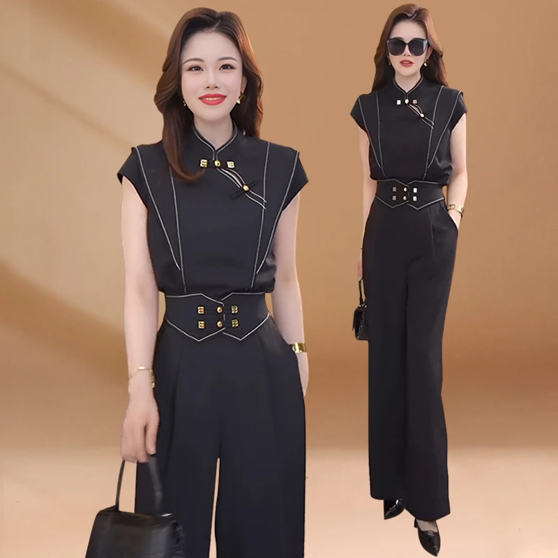 新中式国风时尚套装夏季2025新款设计感上衣女高腰长裤子两件套潮