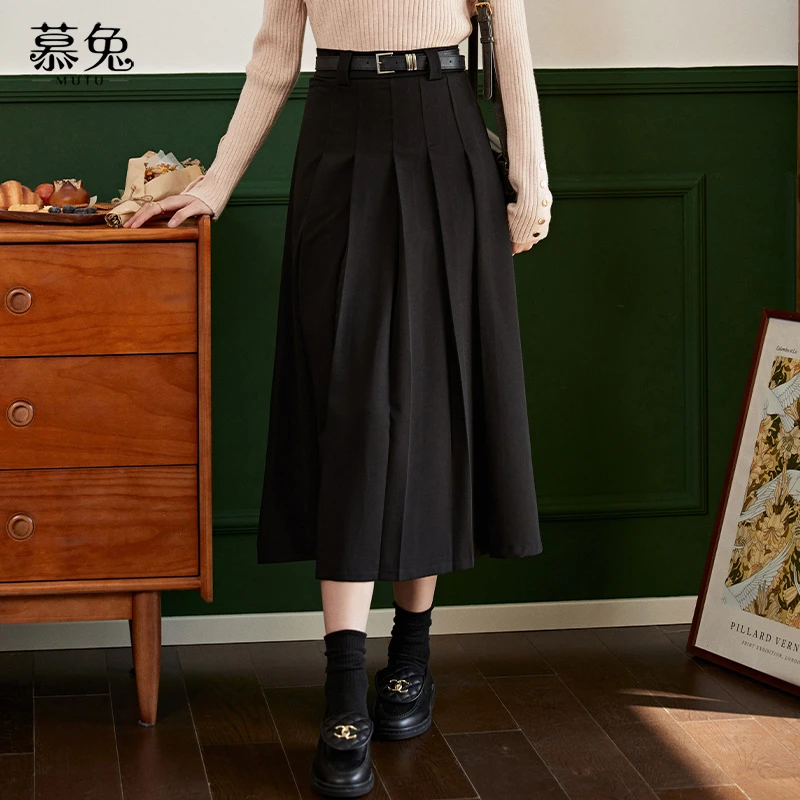 慕兔黑色高腰显瘦百褶半身裙女2025春季新款学院风jk中长款a字裙