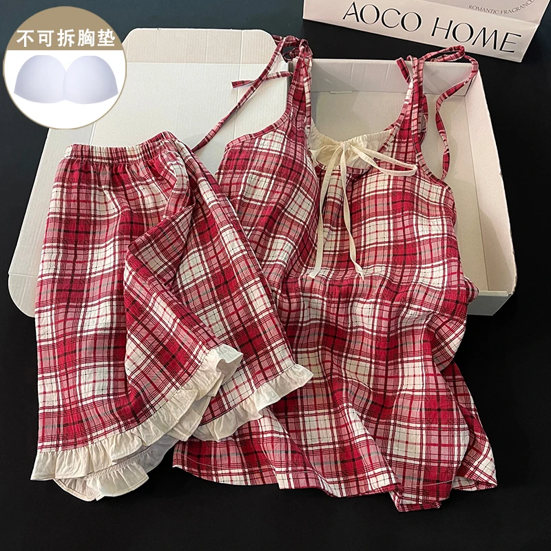 复古风睡衣女夏季带胸垫性感吊带短裤甜美休闲红色格子家居服套装