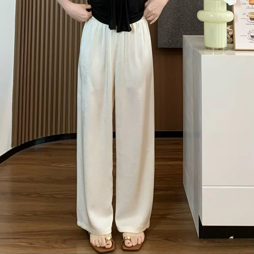 小羽酱小个子定制夏季薄款简约气质百搭松紧腰垂感提花缎面休闲裤