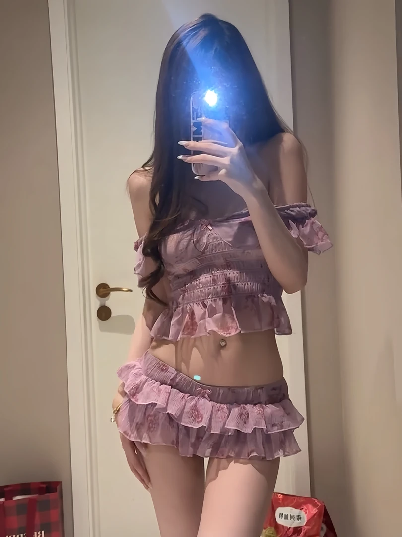 夏季度假风法式纯欲风甜美飞袖褶皱碎花上衣女低腰花苞裙裤两件套