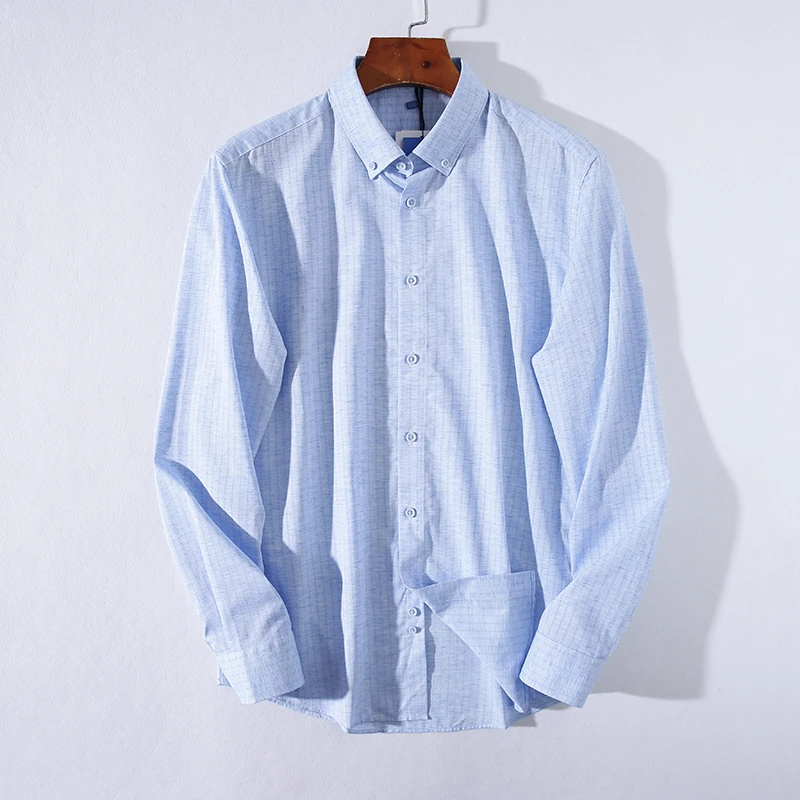 棉+亚麻舒适亲肤透气男士清爽休闲长袖衬衫春季修身寸衫 24XH0037