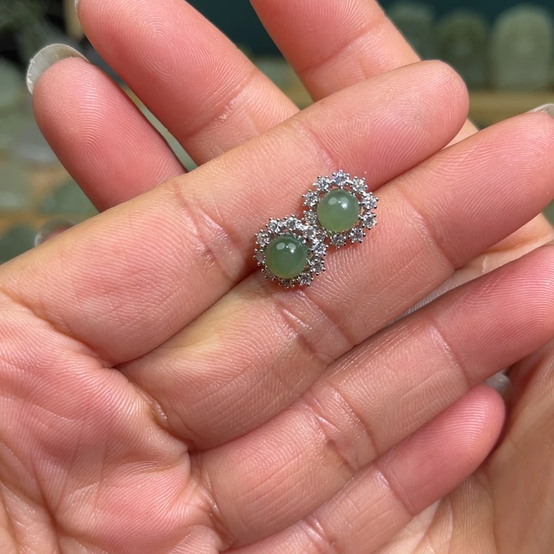 和田玉耳饰银S925镶嵌