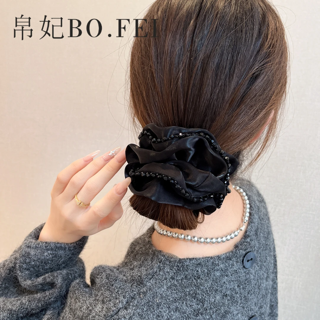 帛妃  新款黑色百搭网纱3层高端大肠发圈轻职风头花发绳发饰头绳