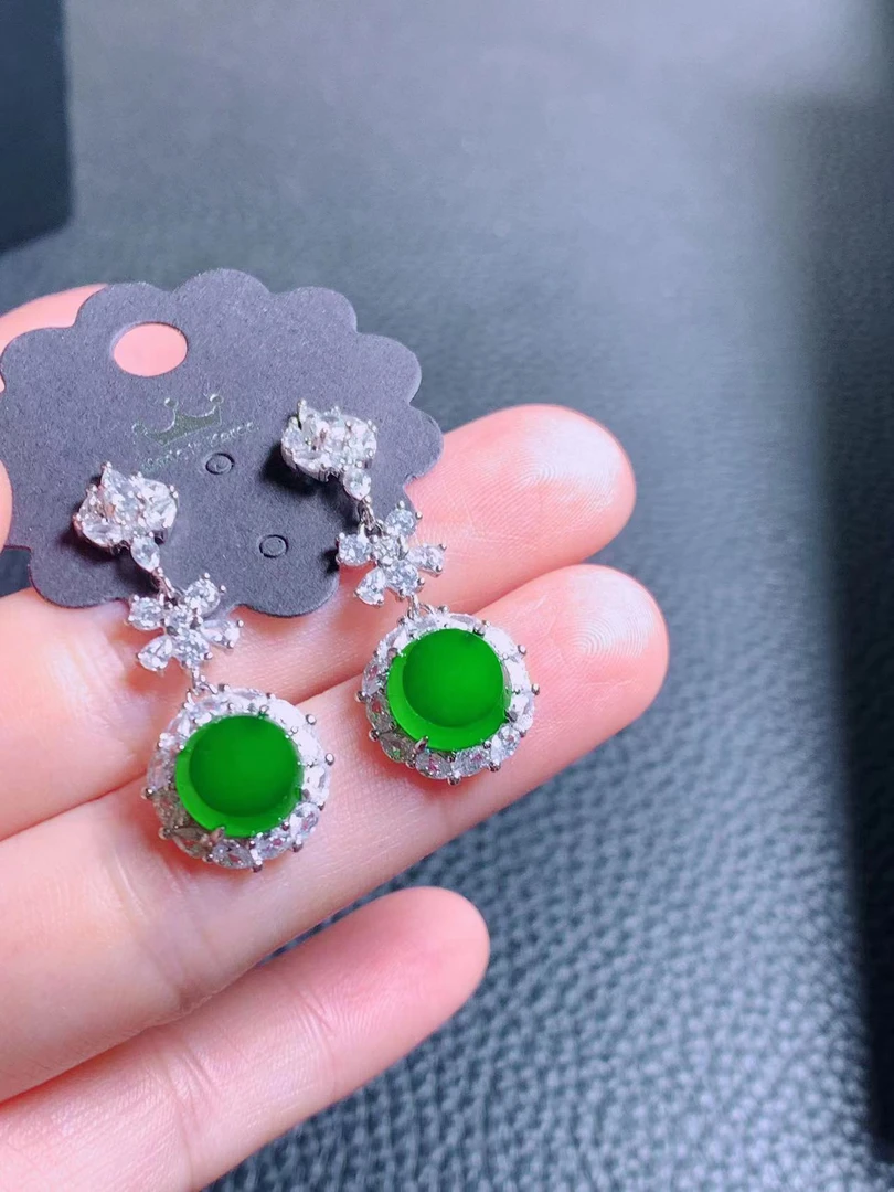 天然翡翠A货冰种阳绿色豪华镶嵌平安无事牌玉耳坠耳饰送礼佳品