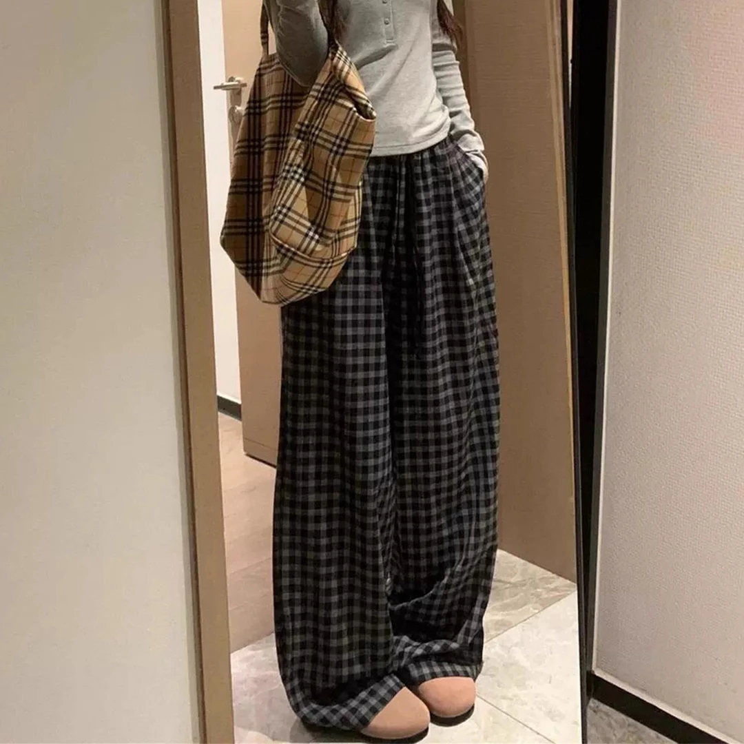 大码300斤慵懒黑灰格子阔腿裤女秋冬新款宽松高腰显瘦垂感休闲裤