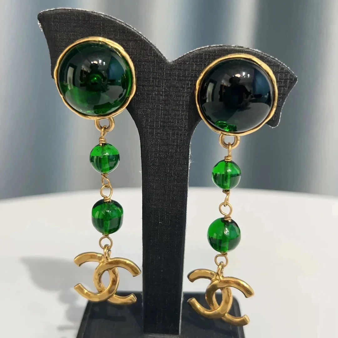 95新 Chanel/香奈儿 Chanel vintage香奈儿中古绿琉璃扫肩耳夹