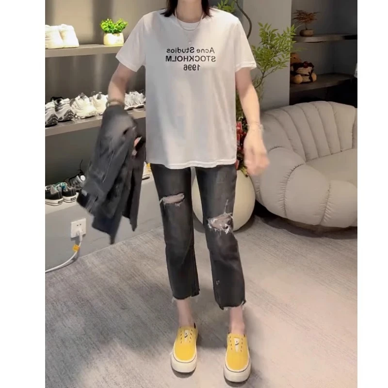 2025夏季薄款新款破洞直筒牛仔法棍裤女高腰弹力显瘦九分烟管裤子