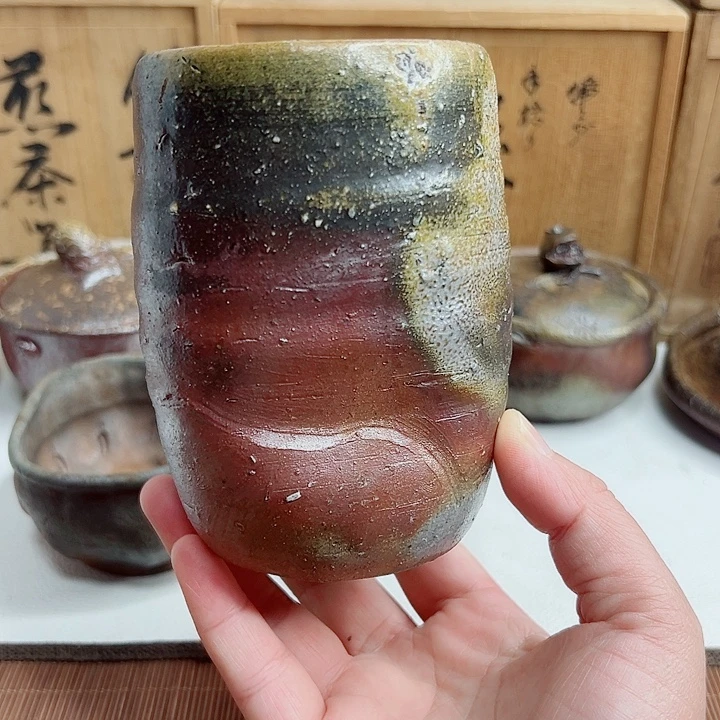 备前烧，大高杯，款自查，