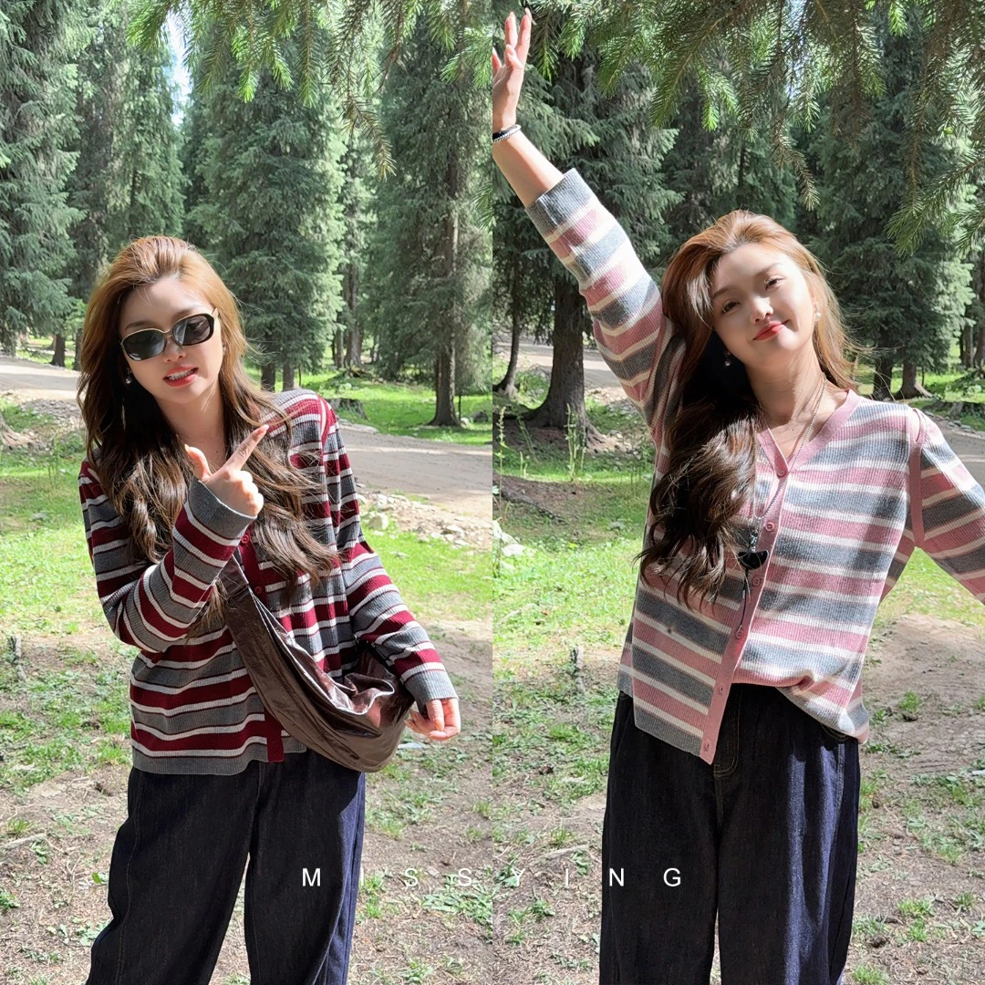 应小姐【伦敦日港】微胖大码女装显瘦宽松休闲百搭针织翻领条纹上衣