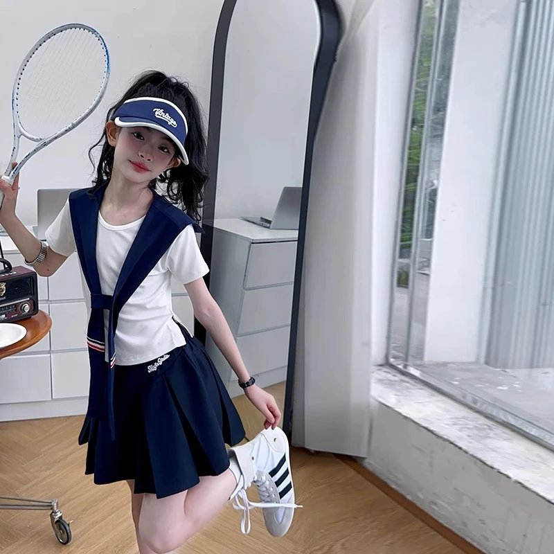 女童学院风披肩短袖套装夏季2025新款韩版洋气儿童jk百褶裙两件套