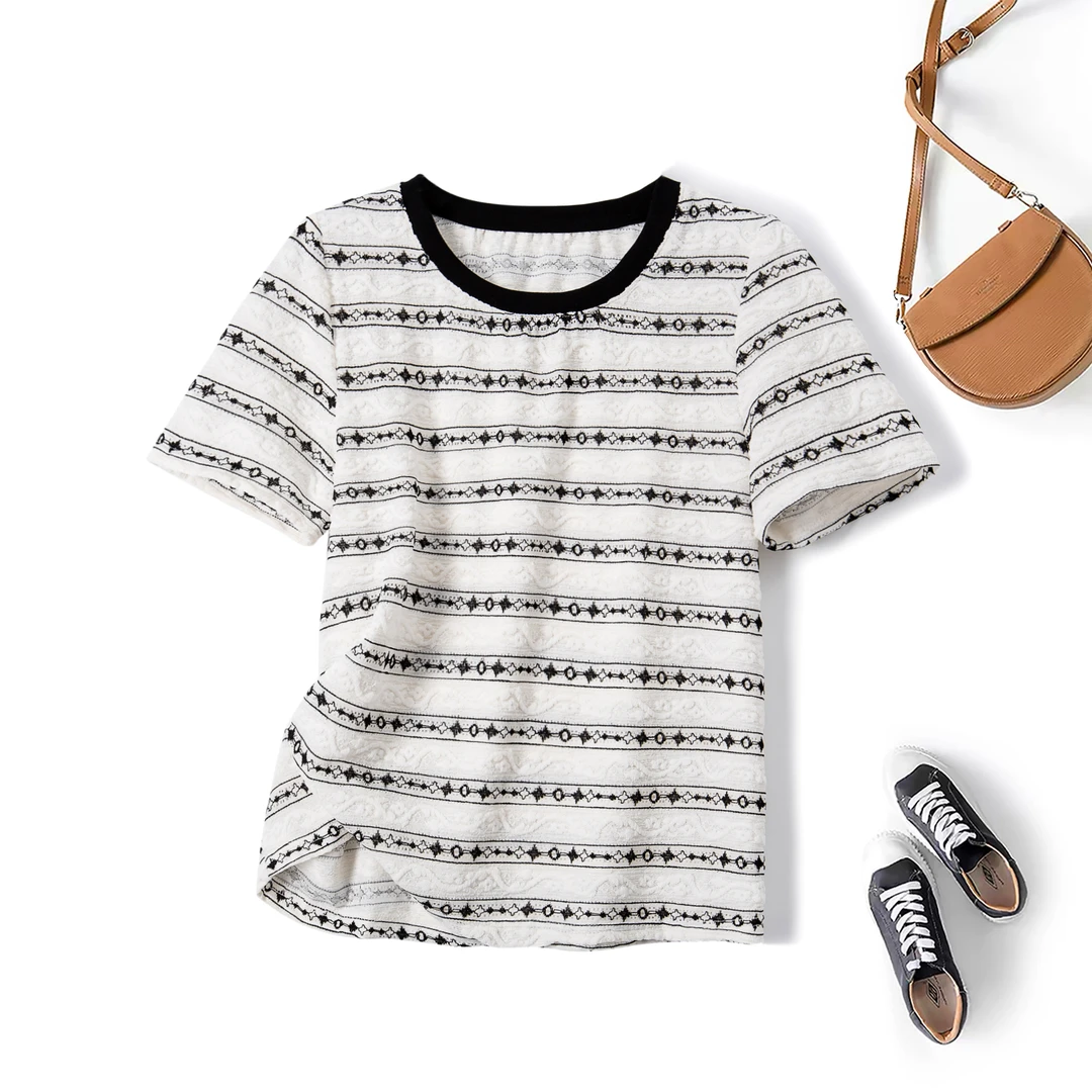 2025夏季时尚胖mm大码韩版复古条纹短袖t恤撞色提花蕾丝上衣64615